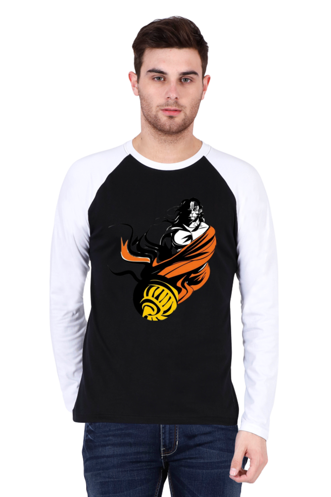 Lord Hanuman's Grace: Bluelander's Premium Raglan Cotton Full-Sleeve T-Shirt