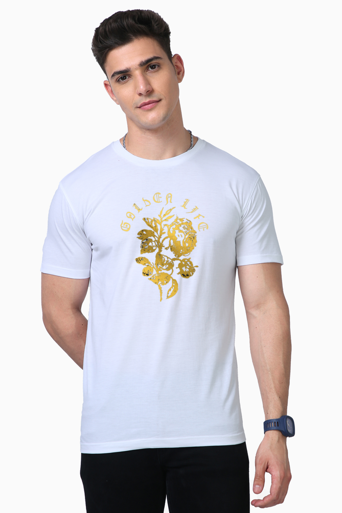 Bluelander Supima Gold Vinyl Printing Half Sleeve T-Shirts Enhanced Design and Supreme Comfort Where Dreams Turn into Gold!