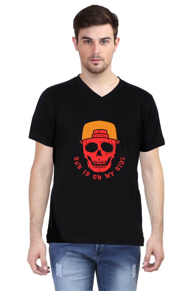 Sun Skull Style: Unleash Edgy Vibes with BlueLander Cotton V-Neck Half Sleeve T-Shirt – Where Comfort Meets the Mystique of Sun on Your Side