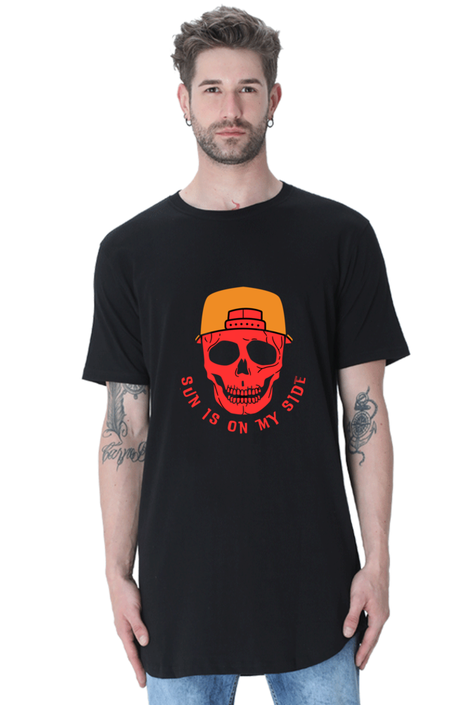 Urban Swagger Redefined: Shine with Style in BlueLander Cotton's Male Longline Curved T-Shirts – Unleash the Hip-Hop Fusion with the Sun on Your Side.