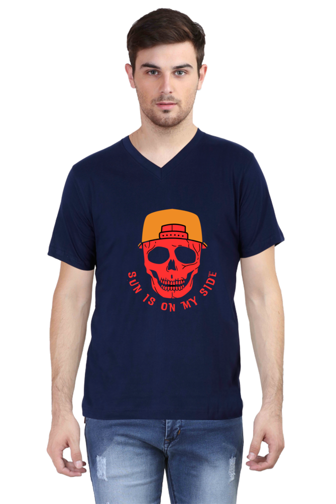 Sun Skull Style: Unleash Edgy Vibes with BlueLander Cotton V-Neck Half Sleeve T-Shirt – Where Comfort Meets the Mystique of Sun on Your Side