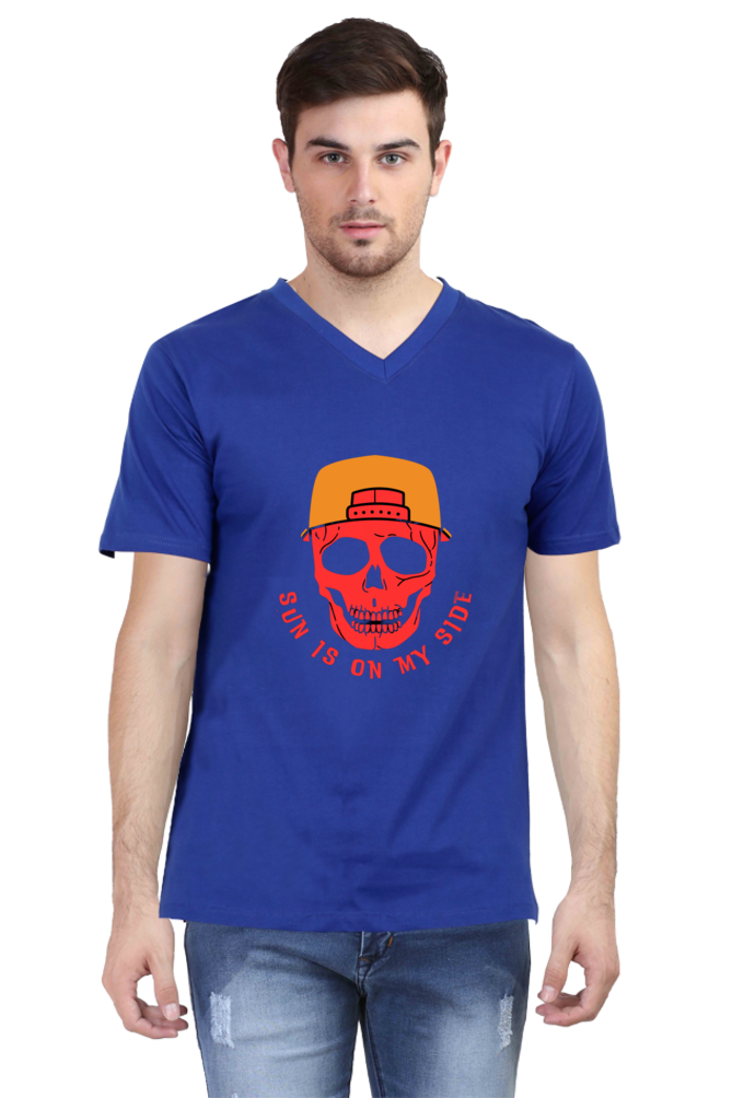Sun Skull Style: Unleash Edgy Vibes with BlueLander Cotton V-Neck Half Sleeve T-Shirt – Where Comfort Meets the Mystique of Sun on Your Side
