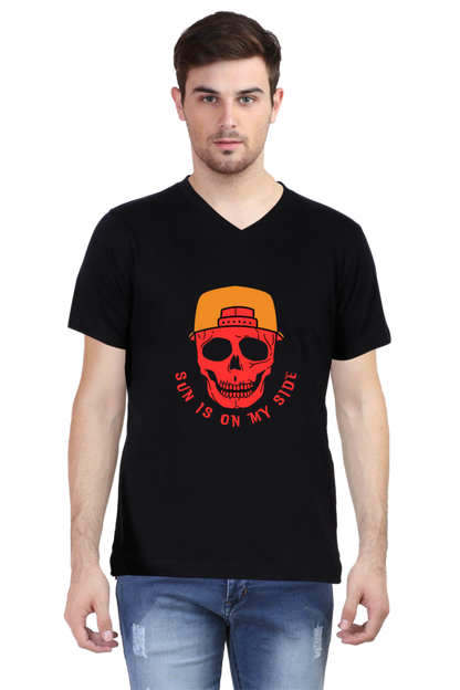 Sun Skull Style: Unleash Edgy Vibes with BlueLander Cotton V-Neck Half Sleeve T-Shirt – Where Comfort Meets the Mystique of Sun on Your Side