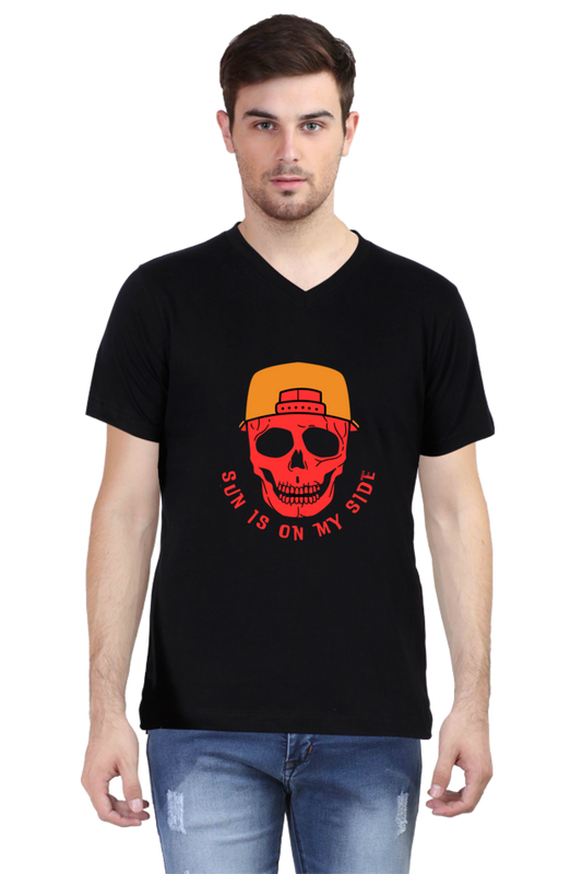 Sun Skull Style: Unleash Edgy Vibes with BlueLander Cotton V-Neck Half Sleeve T-Shirt – Where Comfort Meets the Mystique of Sun on Your Side