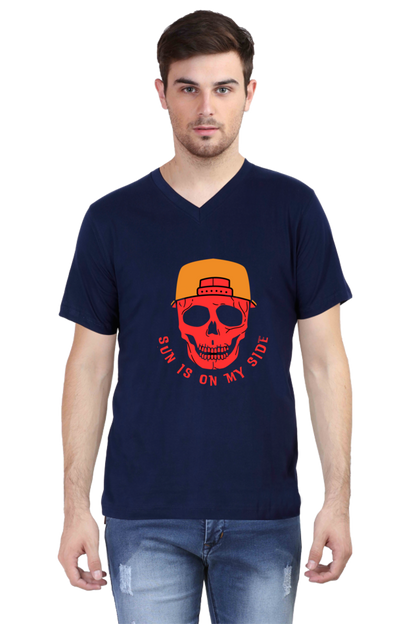 Sun Skull Style: Unleash Edgy Vibes with BlueLander Cotton V-Neck Half Sleeve T-Shirt – Where Comfort Meets the Mystique of Sun on Your Side