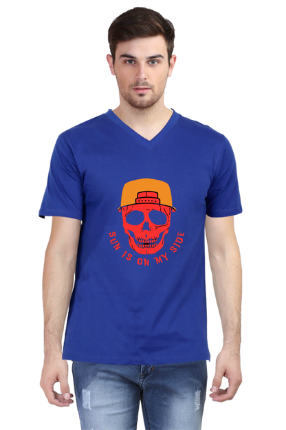 Sun Skull Style: Unleash Edgy Vibes with BlueLander Cotton V-Neck Half Sleeve T-Shirt – Where Comfort Meets the Mystique of Sun on Your Side